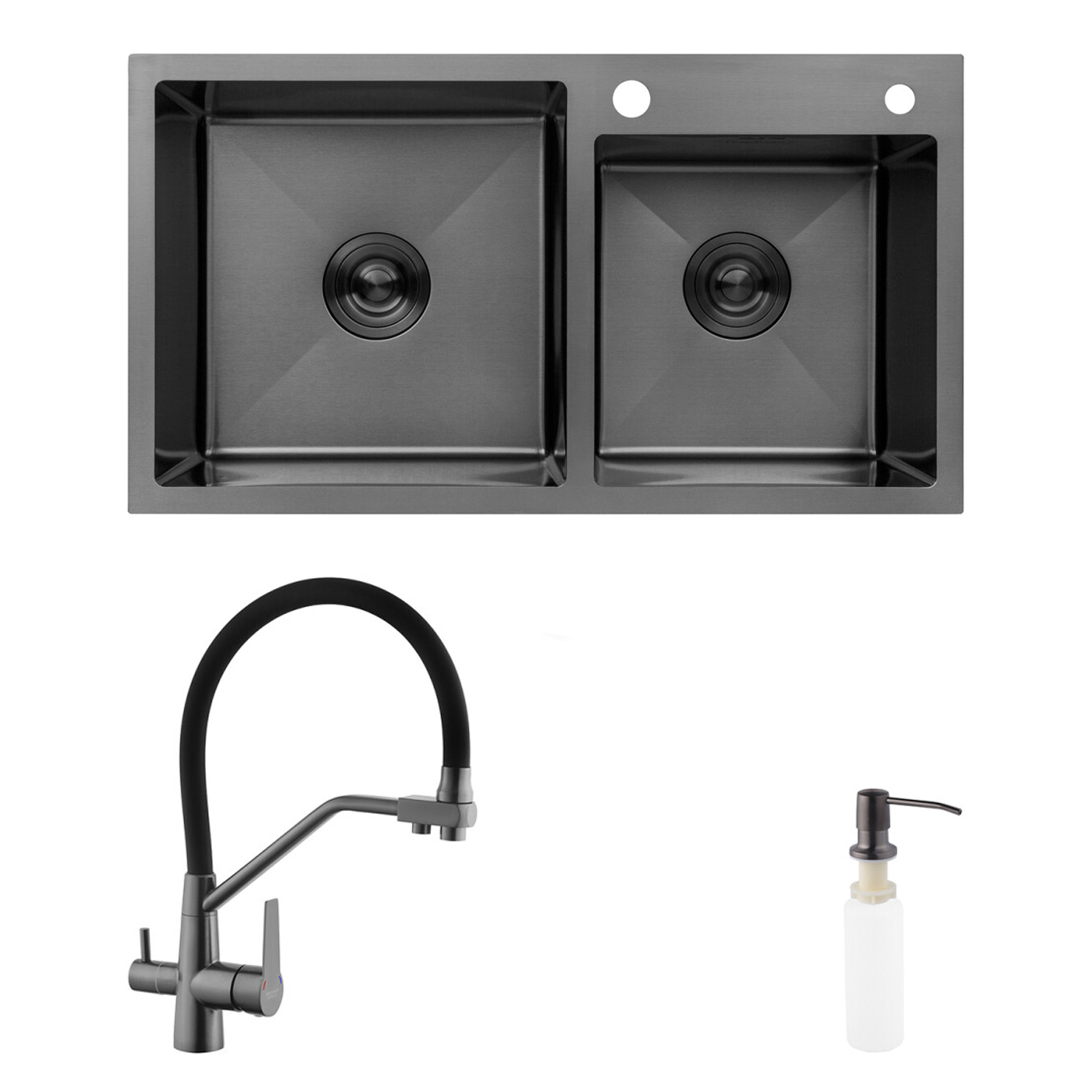 Комплект кухонна мийка Kroner Schwarze-7843ZHM PVD + змішувач Edelstahl Klassisch-PVD03817BLK + дозатор Spender-026