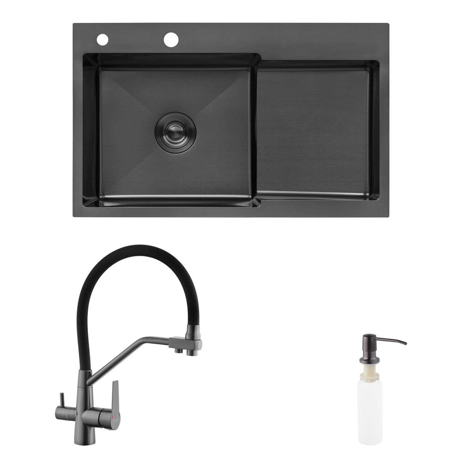 Комплект кухонна мийка Kroner Schwarze-7848LHM PVD + змішувач Edelstahl Klassisch-PVD03817BLK + дозатор Spender-026