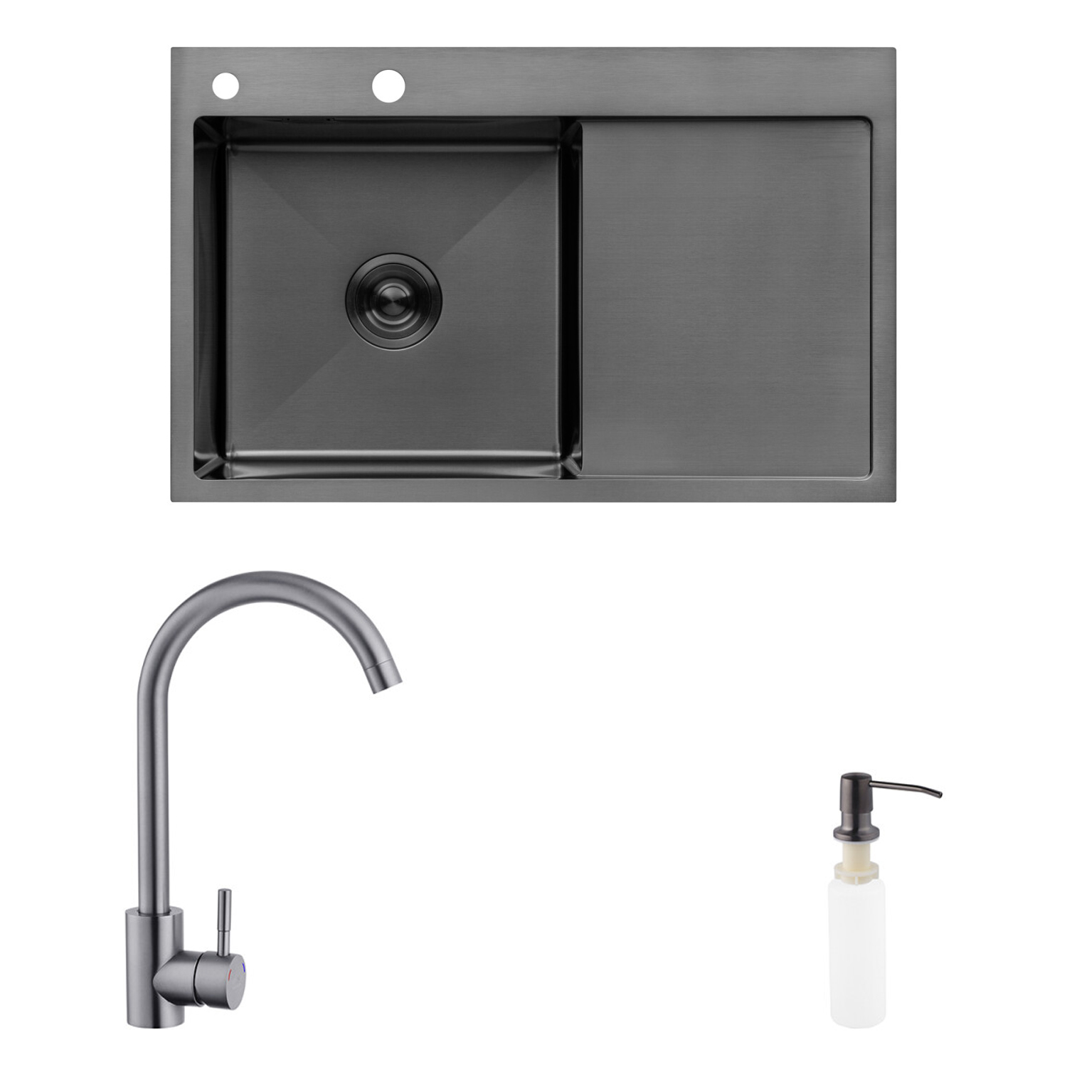 Комплект кухонна мийка Kroner Schwarze-7849LHM PVD + змішувач Edelstahl Klassisch-SCH035PVD + дозатор Spender-026