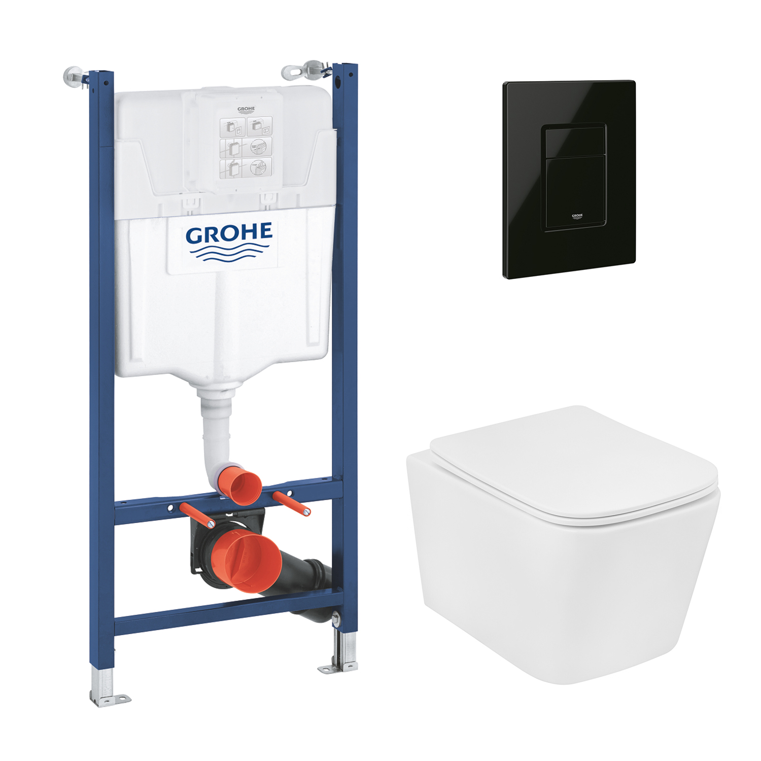 Комплект 4 в 1: Інсталяція Grohe Solido 2 в 1 38971000 + Панель змиву для унітаза Grohe Even Black 38966KV0 + Унітаз підвісний безобідковий Kroner Eifel WHI483429 TORNADO (38971966KV0KE48T)