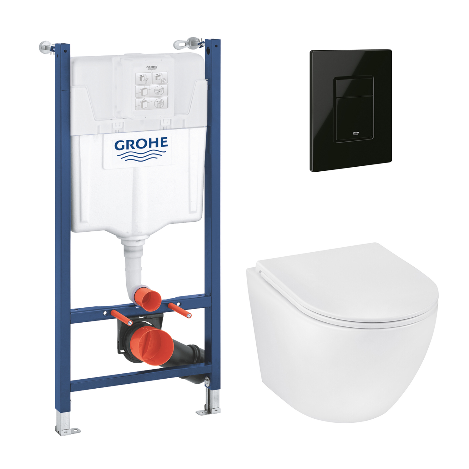 Комплект 4 в 1: Інсталяція Grohe Solido 2 в 1 38971000 + Панель змиву для унітаза Grohe Even Black 38966KV0 + Унітаз безобідковий Kroner Harz WHI483632 TORNADO (38971966KV0KH48T)
