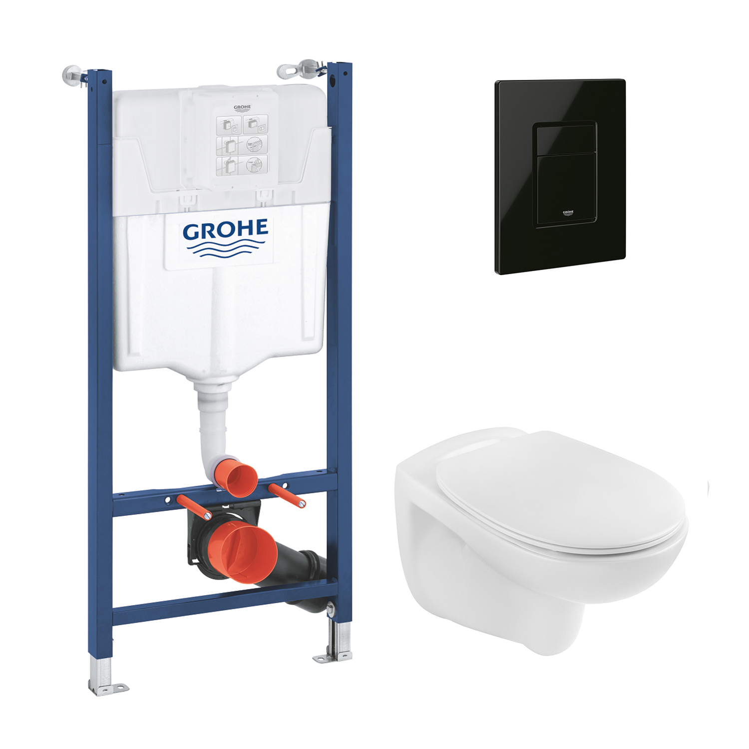 Комплект 4 в 1: Інсталяція Grohe Solido 2 в 1 38971000 + Панель змиву для унітаза Grohe Even Black 38966KV0 + Унітаз безободковий Kroner Oker WHI533536 RIMLESS (38971966KV0KO53R)