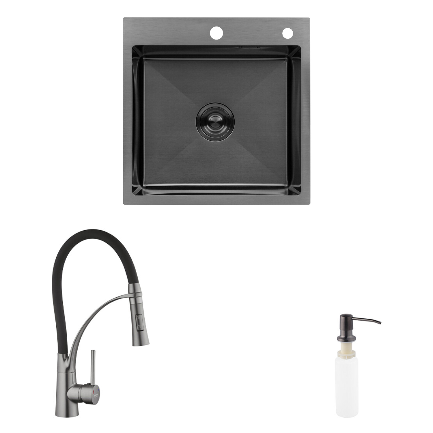 Комплект кухонна мийка Kroner Schwarze-5050HM PVD + змішувач Ersel-GRP03393BLK + дозатор Spender-026