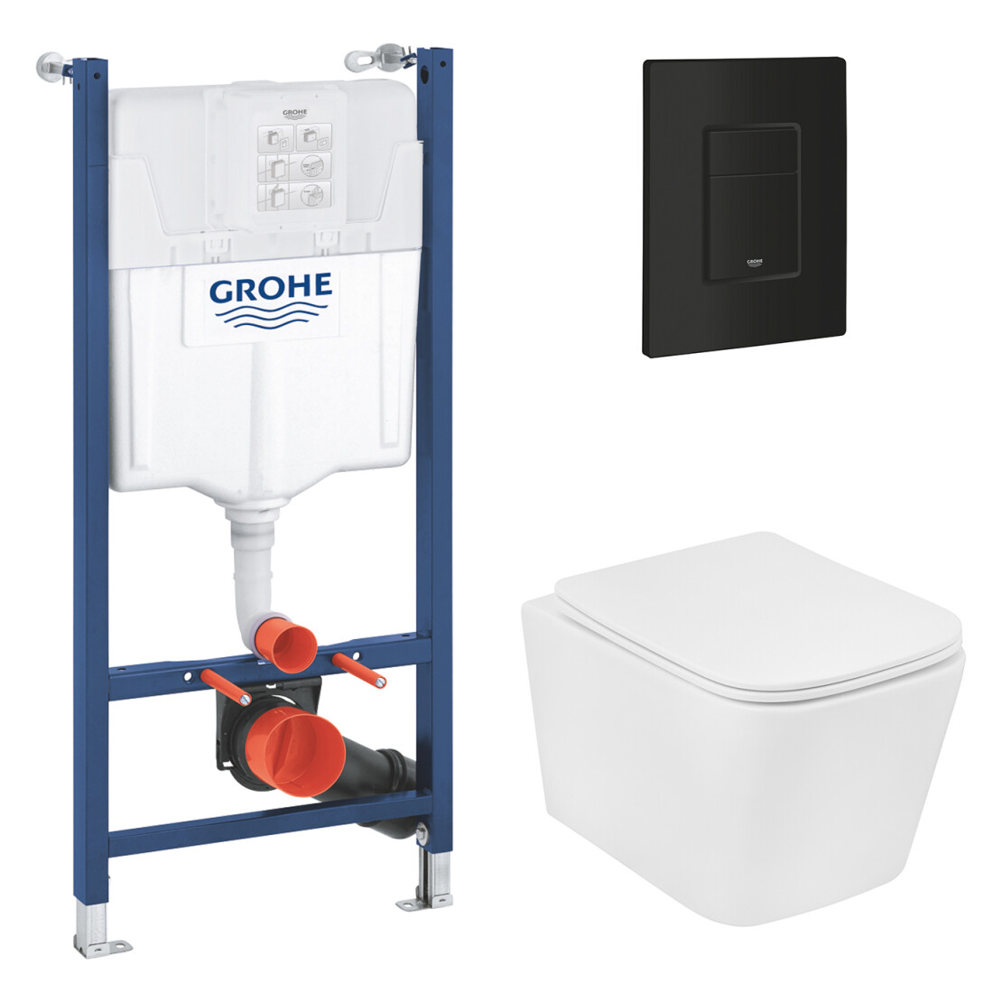 Комплект 4 в 1: Інсталяція Grohe Solido 2 в 1 38971000 + Панель змиву Grohe Even 389662430 + Унітаз підвісний безобідковий Kroner Eifel WHI493436 TORNADO (38971966243KE49T)