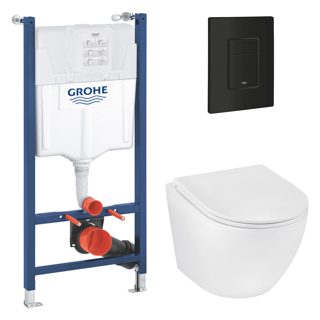 Комплект 4 в 1: Інсталяція Grohe Solido 2 в 1 38971000 + Панель змиву Grohe Even 389662430 + Унітаз підвісний безобідковий Kroner Harz WHI493736 TORNADO (38971966243KH49T)