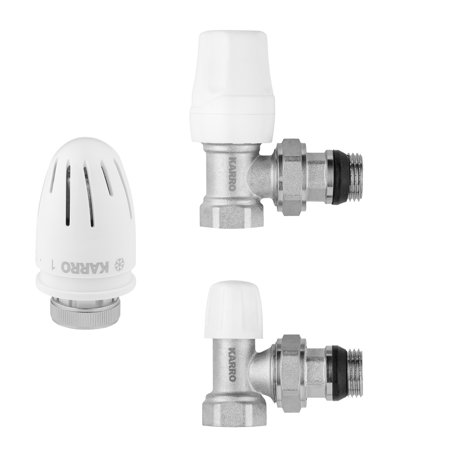 Комплект радіаторних кутових кранів Karro 1/2" ВЗ (верхній+нижній) з термоголовкою, нікельовані KR-5301