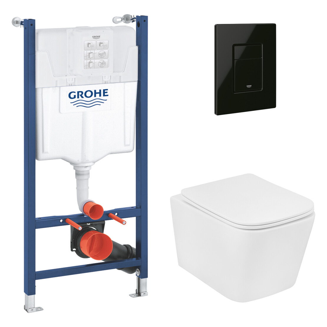 Комплект 4 в 1: Інсталяція Grohe Solido 2 в 1 38971000 + Панель змиву Even Black 38966KV0 + Унітаз Kroner Eifel WHI493436 TORNADO (38971966KV0KE49T)