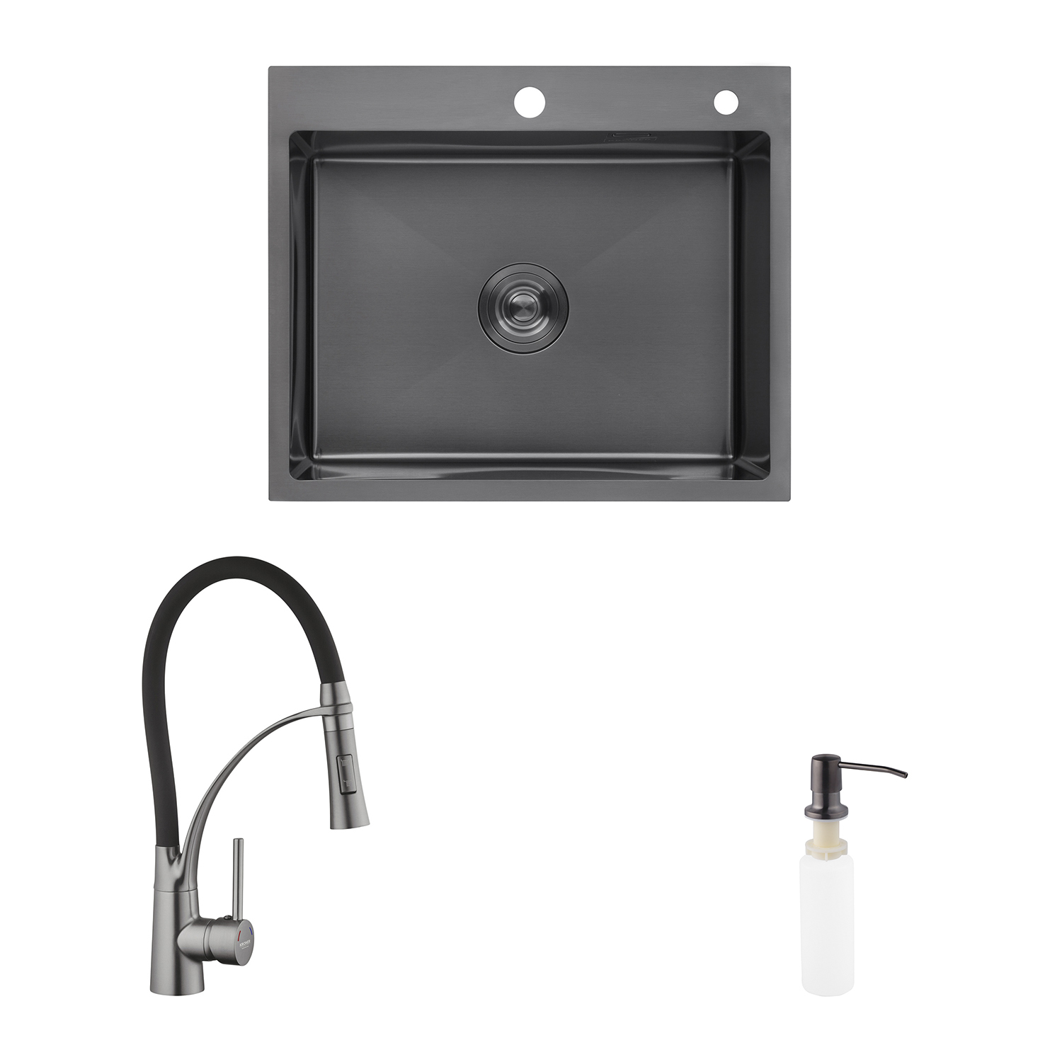 Комплект кухонна мийка Kroner Schwarze-6050HM PVD + змішувач Ersel-GRP03393BLK + дозатор Spender-026