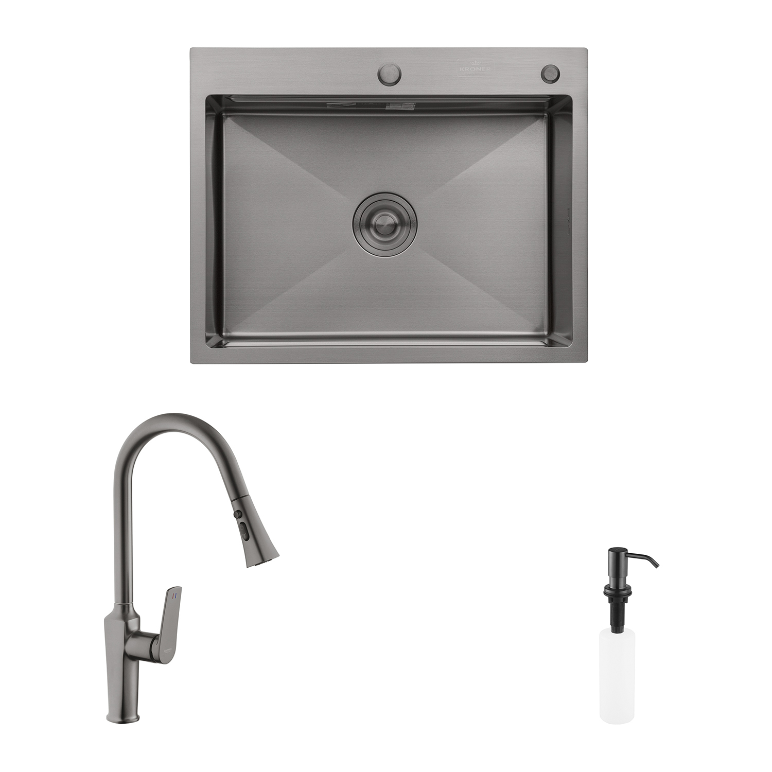 Комплект кухонна мийка Kroner Schwarze-6350HM PVD + змішувач Makon-GRP030-T + дозатор Spender-SCH049