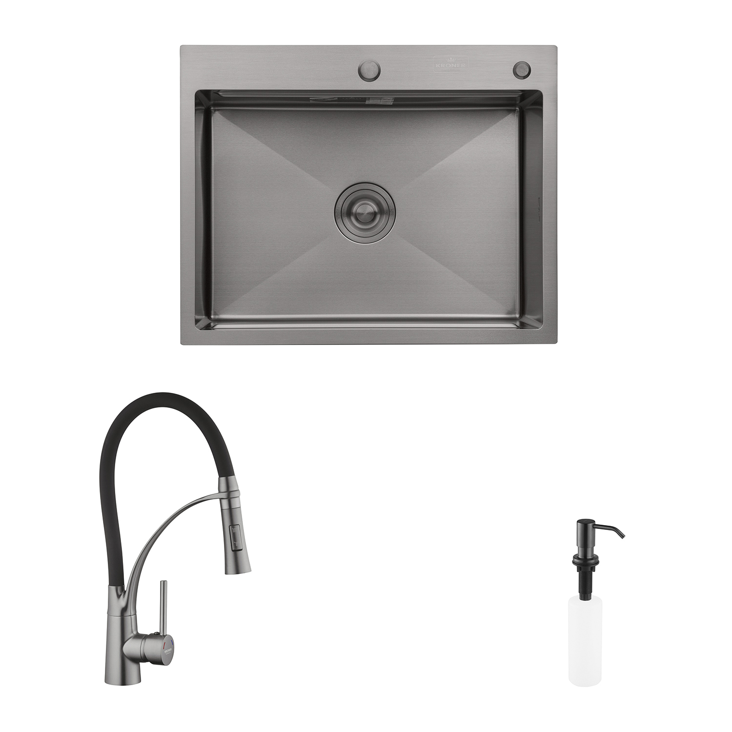 Комплект кухонна мийка Kroner Schwarze-6350HM PVD + змішувач Ersel-GRP03393BLK + дозатор Spender-SCH049