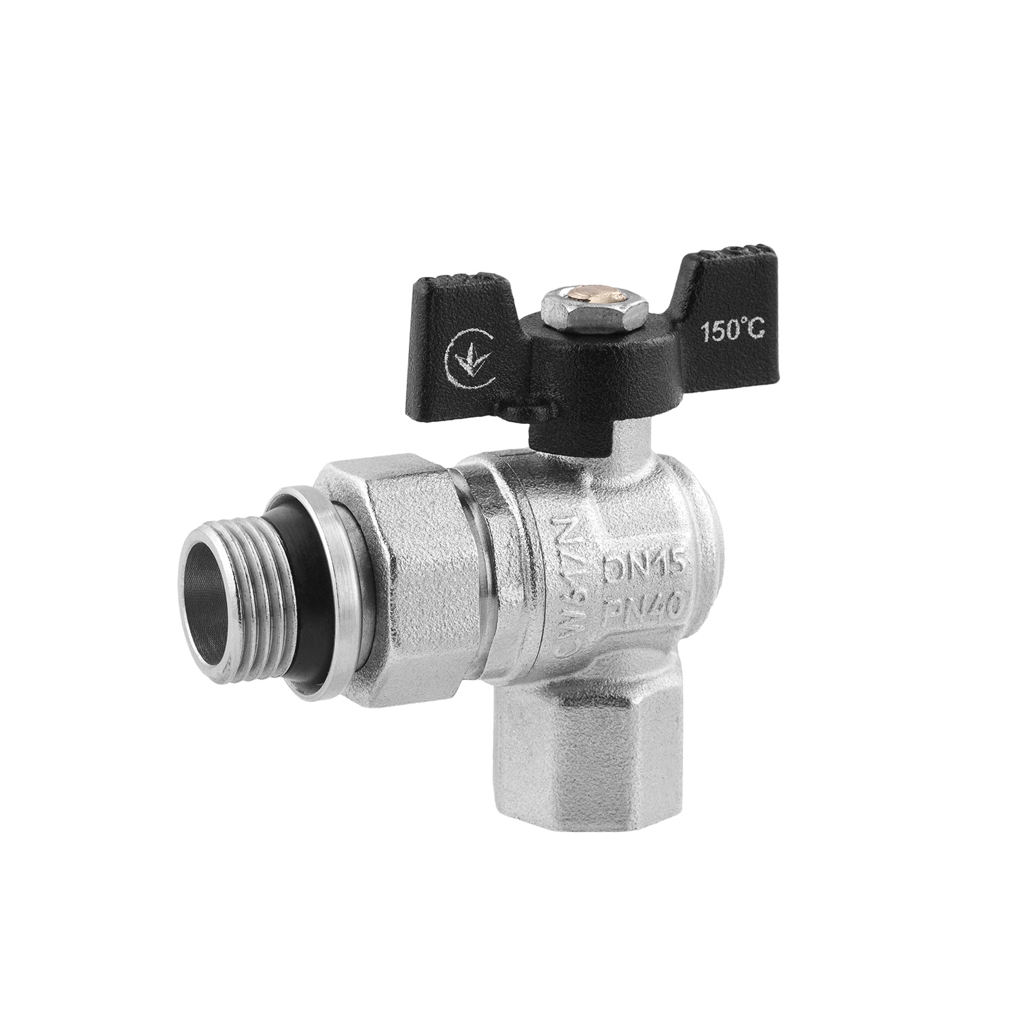 Кран-американка кульовий кутовий Kroner 1/2" ВЗ PN40 метелик, нікельований